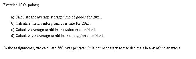 Exercise 10 (4 points) a) Calculate the average storage time of goods for 20x1. b) Calculate the inventory turnover rate for