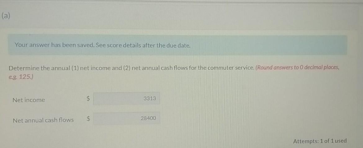 (a) Your answer has been saved. See score details after the due date. Determine the annual (1) net income and (2) net annual