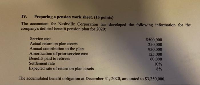 IV. Preparing a pension work sheet. (15 points)The accountant for Nashville Corporation has developed the following informat