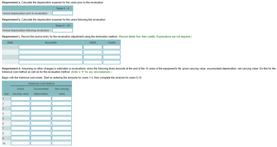 Requirement a. Calculate the depreciation expense for the years prior to the revaluation. Years 1 - 4 Annual depreciation pri