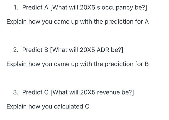 1. Predict A [What will 20X5s occupancy be?] Explain how you came up with the prediction for A 2. Predict B [What will 20X5