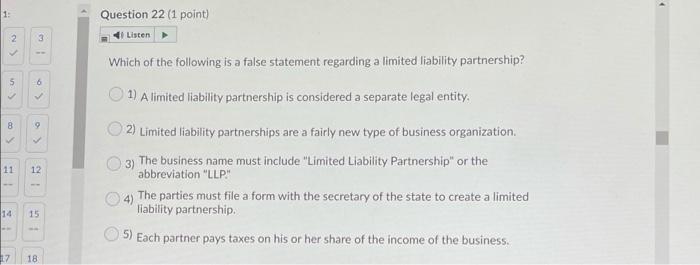 . 1Question 22 (1 point) Listen 23 Which of the following is a false statement regarding a limited liability partnership? 5