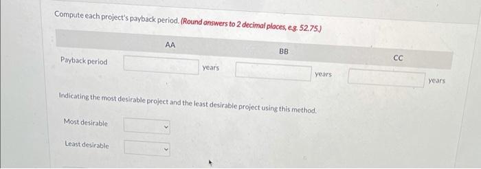 Compute each projects payback period. (Round answers to 2 decimal places, eg. 52.75.) AA BB Payback period CC years years ye