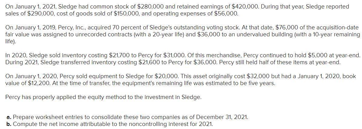 On January 1, 2021. Sledge had common stock of $280,000 and retained earnings of $420,000. During that year, Sledge reported