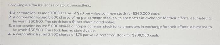 Following are the issuances of stock transactions 1. A corporation issued 10,000 shares of $30 par value common stock for $36