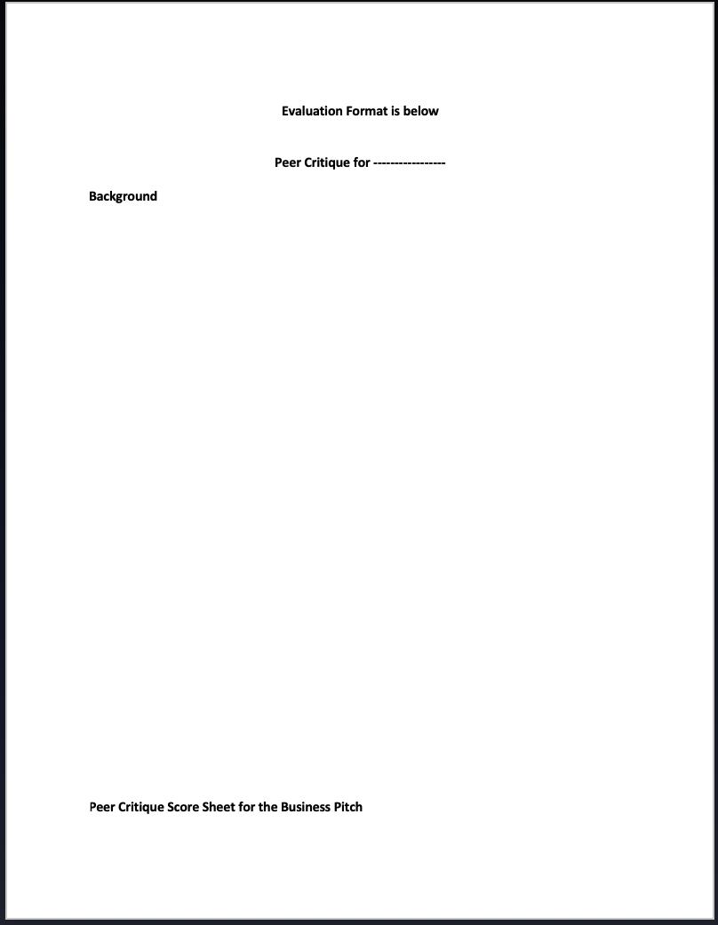 Evaluation Format is belowPeer Critique for ------------BackgroundPeer Critique Score Sheet for the Business Pitch