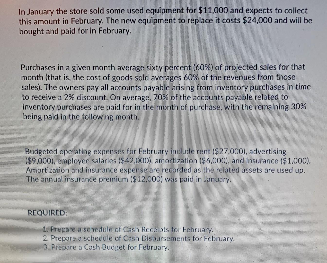 In January the store sold some used equipment for $11,000 and expects to collect this amount in February. The new equipment t