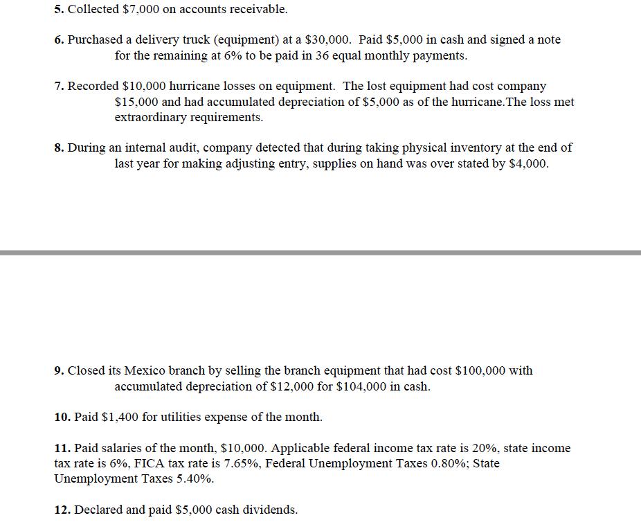 5. Collected $7,000 on accounts receivable.6. Purchased a delivery truck (equipment) at a $30,000. Paid $5,000 in cash and s