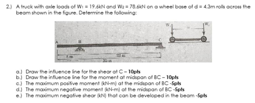 2.) A truck with axle loads of W1 = 19.5kN and W2 = 78.6kN on a wheel base of d = 4.3m rolls across thebeam shown in the fig