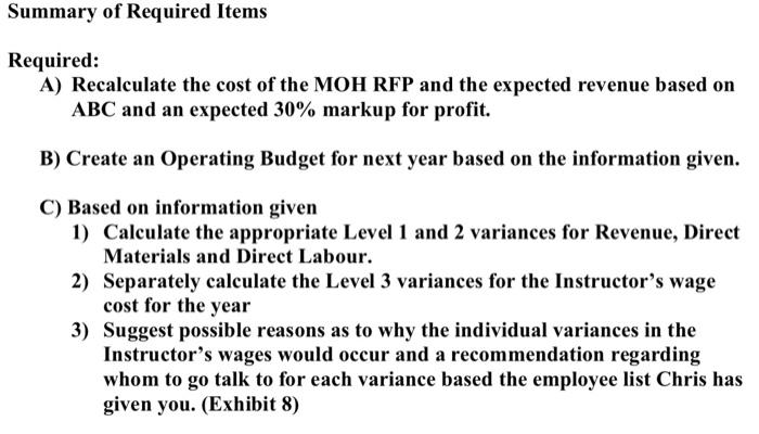 Summary of Required ItemsRequired:A) Recalculate the cost of the MOH RFP and the expected revenue based onABC and an expec