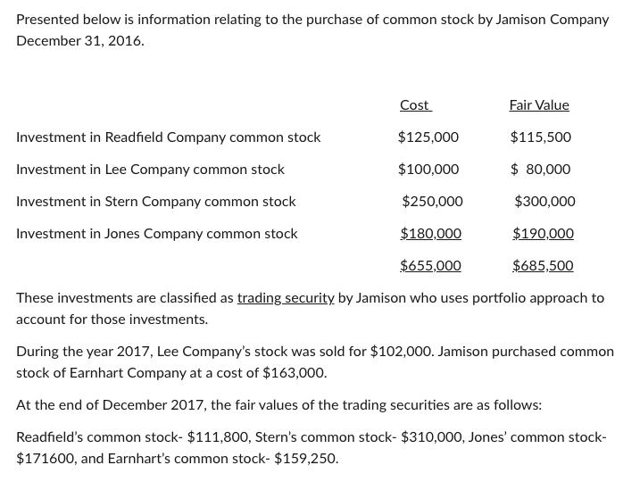 Presented below is information relating to the purchase of common stock by Jamison Company December 31, 2016. Cost Fair Value