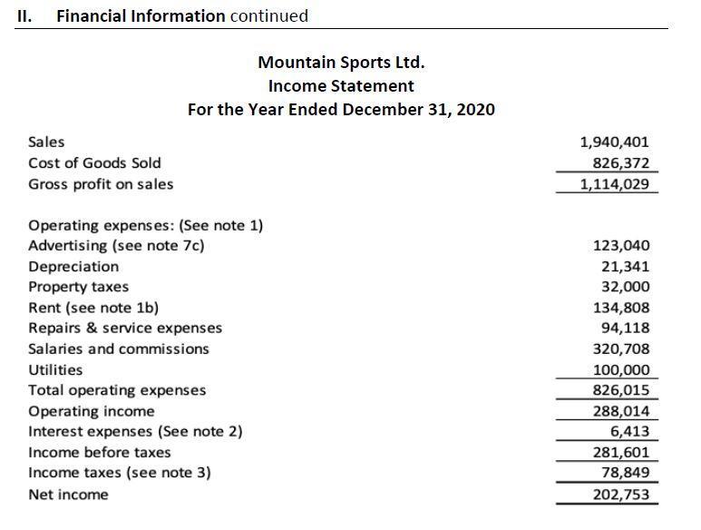 II. Financial Information continued Mountain Sports Ltd. Income Statement For the Year Ended December 31, 2020 Sales Cost of