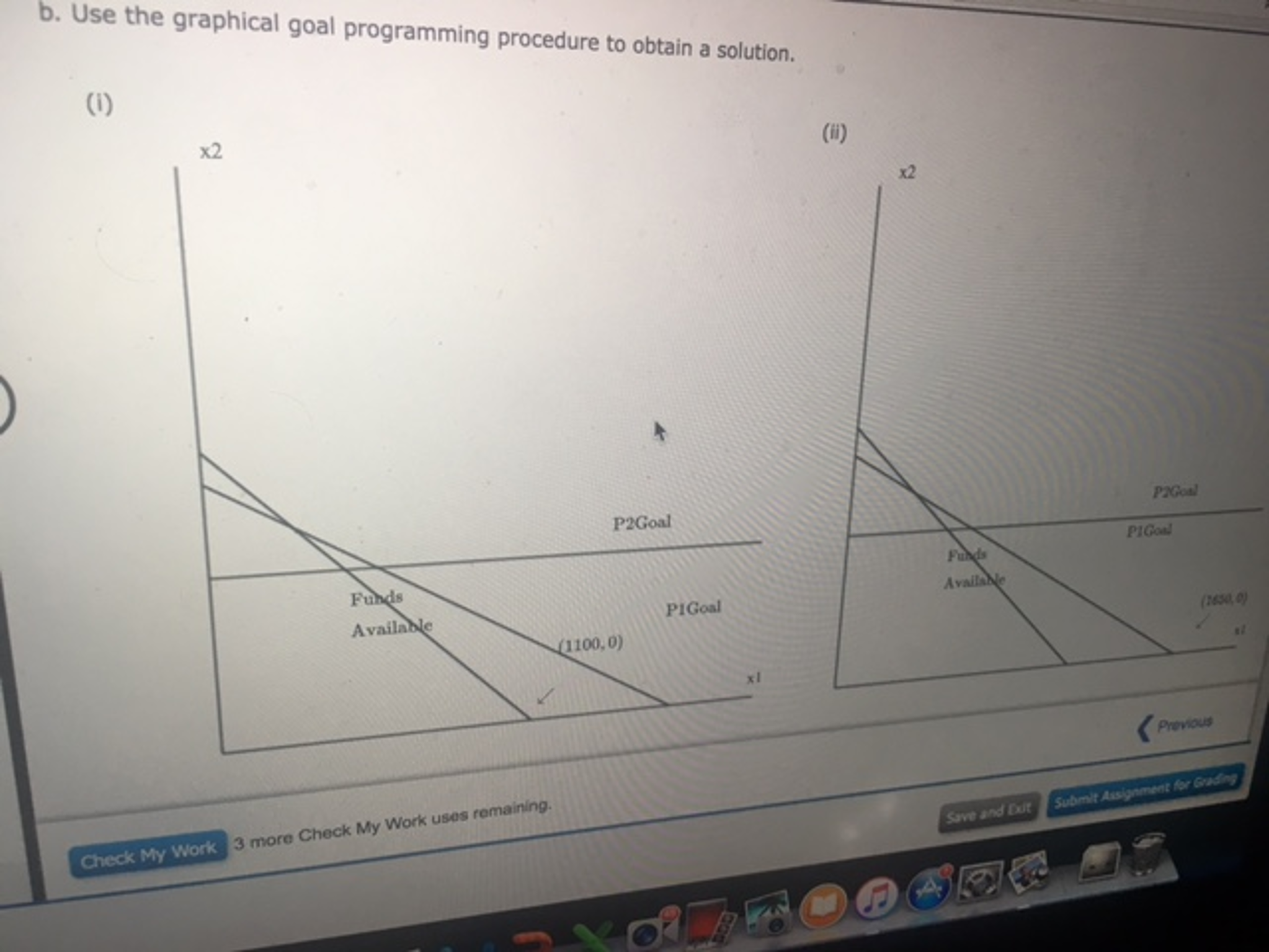 b. Use the graphical goal programming procedure to obtain a solution. x2 x2 P2Goal P2Ga P1Goa Availabe PiGoal 654 100,0) for Gading 3 more Check My Work uses r Check My Work Save and t Submit
