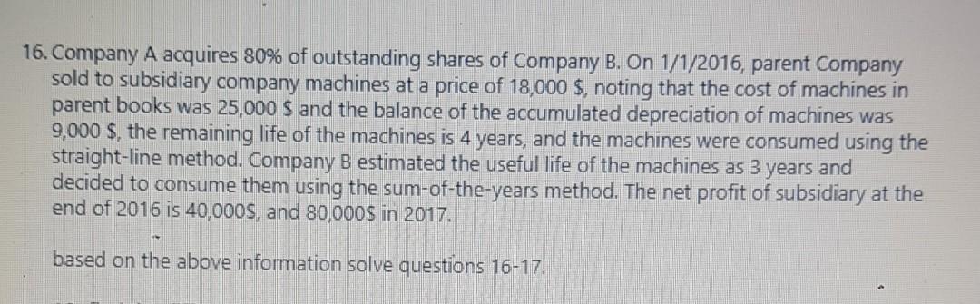 16. Company A acquires 80% of outstanding shares of Company B. On 1/1/2016, parent companysold to subsidiary company machine