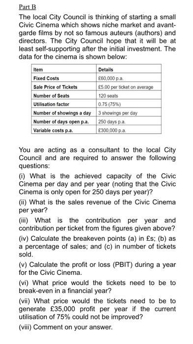 Part BThe local City Council is thinking of starting a smallCivic Cinema which shows niche market and avant-garde films by