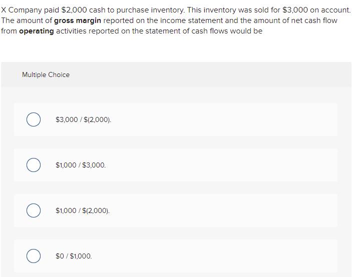 X Company paid $2,000 cash to purchase inventory. This inventory was sold for $3,000 on account. The amount of gross margin r