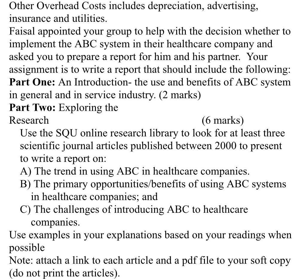 Other Overhead Costs includes depreciation, advertising,insurance and utilities.Faisal appointed your group to help with th