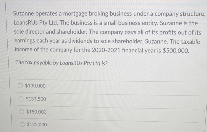 Suzanne operates a mortgage broking business under a company structure,LoansRUs Pty Ltd. The business is a small business en