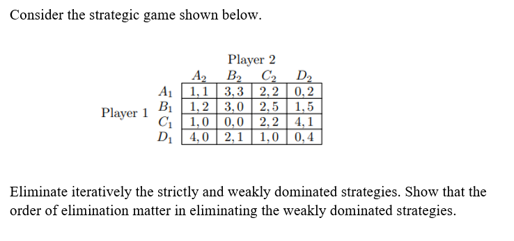 Consider the strategic game shown below. Player 2 A, B, C2 1,1 3,3 2,2 1,2 3,0 2,5 1,0 0,0 2,2 4,0 2,1 1,0 D2 0,2 Ai Player 1