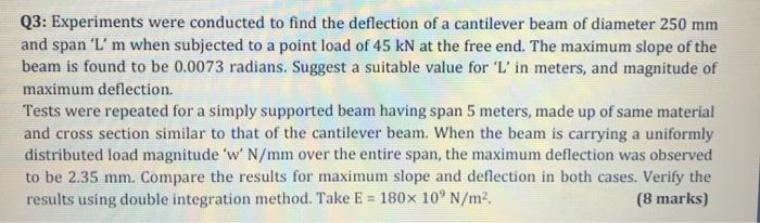 Q3: Experiments were conducted to find the deflection of a cantilever beam of diameter 250 mm and span Im when subjected to