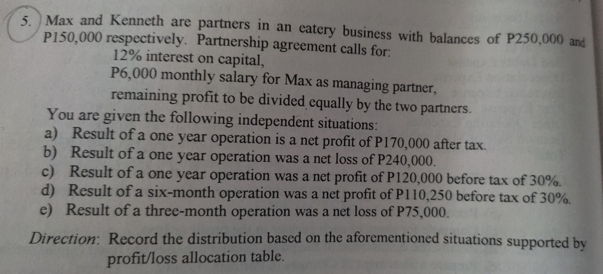 5. Max and Kenneth are partners in an eatery business with balances of P250,000 andP150,000 respectively. Partnership agreem
