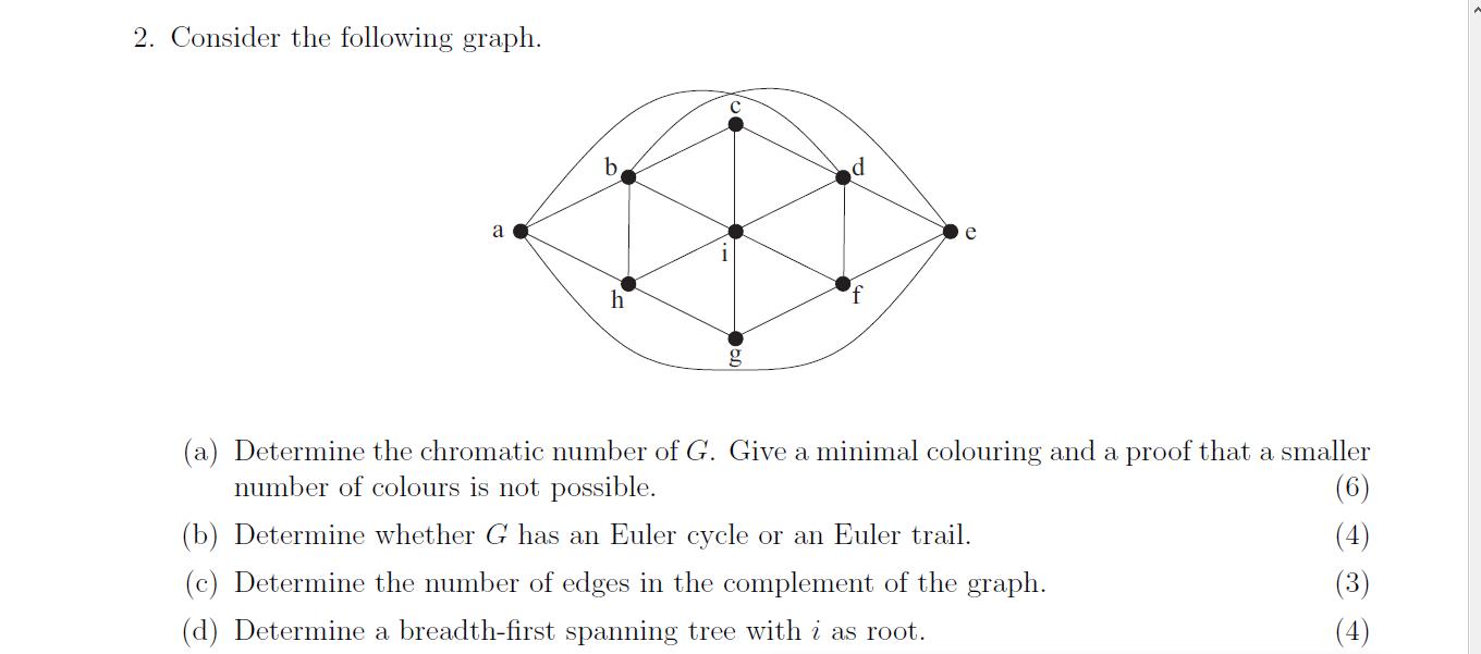 2. Consider the following graph. ba eh (a) Determine the chromatic number of G. Give a minimal colouring and a proof that a