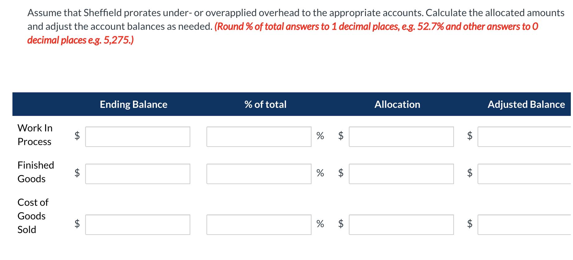 Assume that Sheffield prorates under-or overapplied overhead to the appropriate accounts. Calculate the allocated amounts and