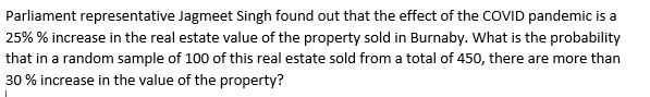 Parliament representative Jagmeet Singh found out that the effect of the COVID pandemic is a25% % increase in the real estat