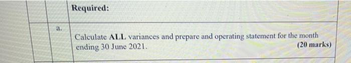 Required:Calculate ALL variances and prepare and operating statement for the monthending 30 June 2021.(20 marks)