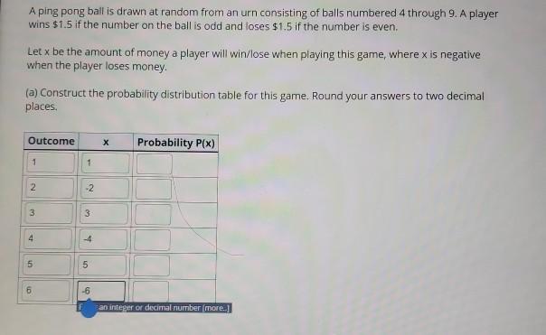 A ping pong ball is drawn at random from an urn consisting of balls numbered 4 through 9. A player wins $1.5 if the number on