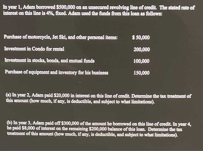 In year 1, Adam borrowed $500,000 on an unsecured revolving line of credit. The stated rate of interest on this line is 4%, f