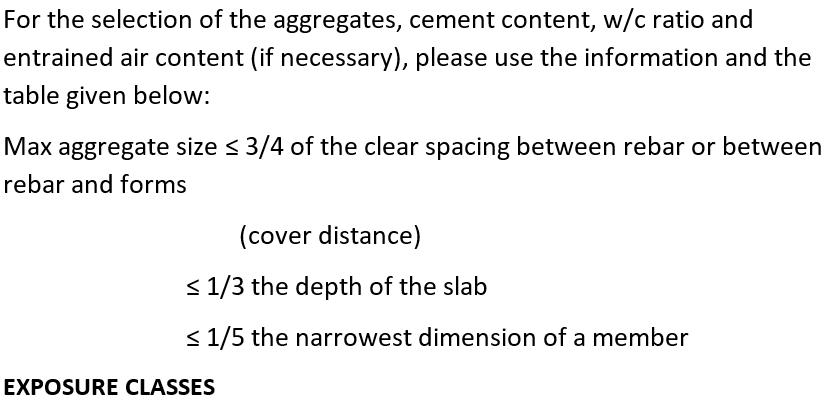 For the selection of the aggregates, cement content, w/c ratio andentrained air content (if necessary), please use the infor