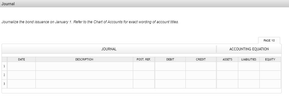 Journal Journalize the bond issuance on January 1. Refer to the Chart of Accounts for exact wording of account titles. PAGE 1