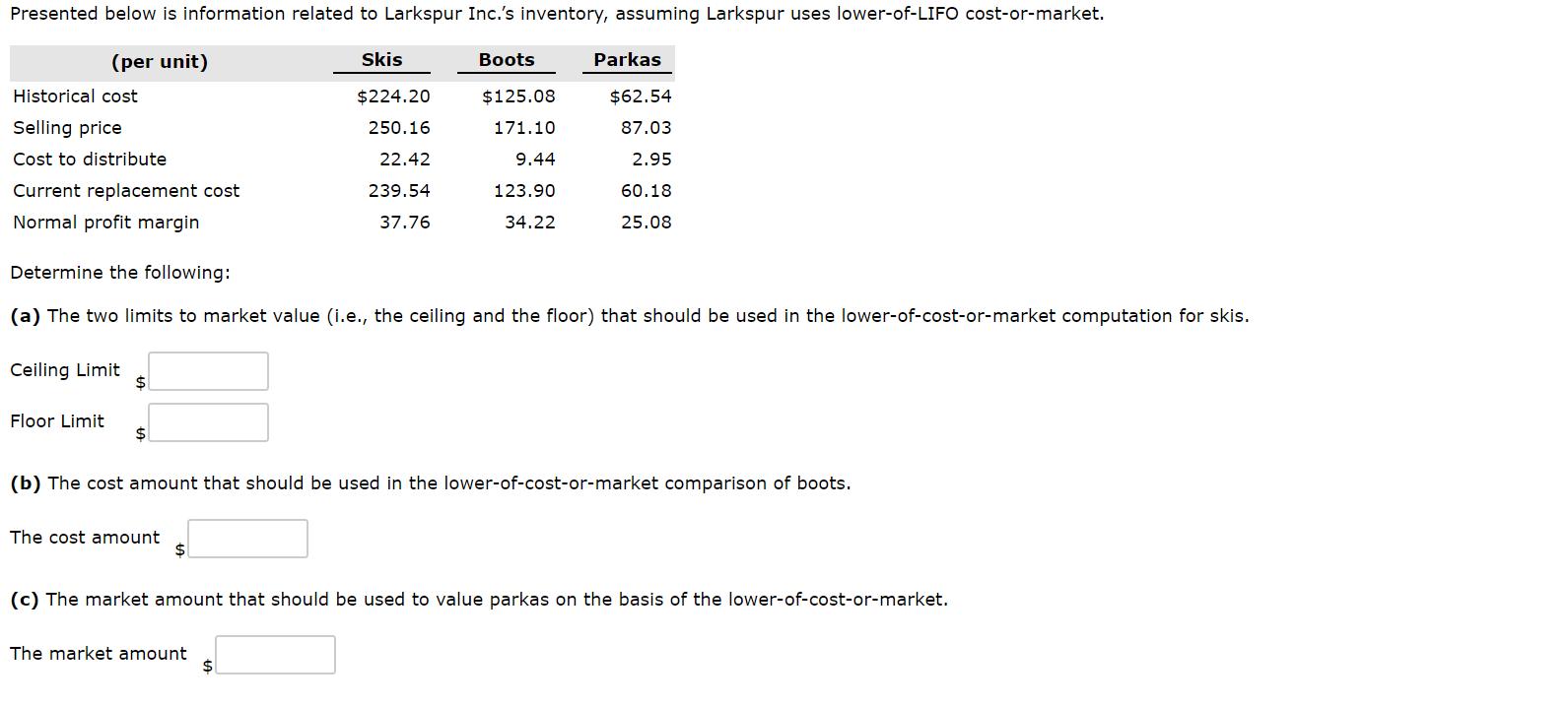 Presented below is information related to Larkspur Inc.s inventory, assuming Larkspur uses lower-of-LIFO cost-or-market.Ski