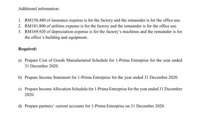 Additional information:1. RM150,480 of insurance expense is for the factory and the remainder is for the office use.2. RM18