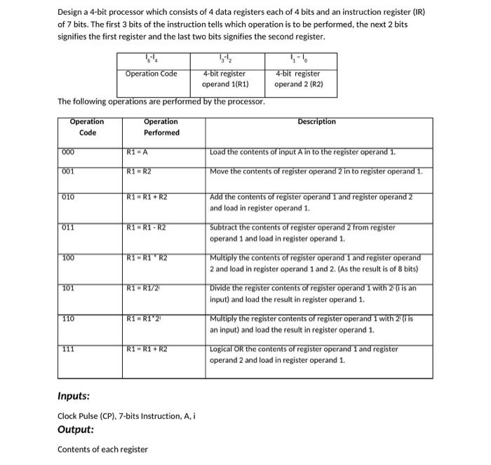 Design a 4-bit processor which consists of 4 data registers each of 4 bits and an instruction register (IR)of 7 bits. The fi