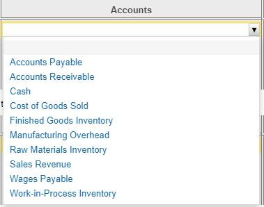 Accounts Accounts Payable Accounts Receivable Cash i Cost of Goods Sold Finished Goods Inventory Manufacturing Overhead Raw M