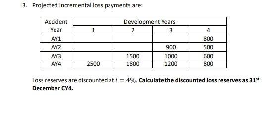 3. Projected Incremental loss payments are:AccidentYearDevelopment Years231AY1AY24800500600800AY390010001200