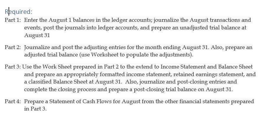 Required:Part 1: Enter the August 1 balances in the ledger accounts; journalize the August transactions andevents, post the