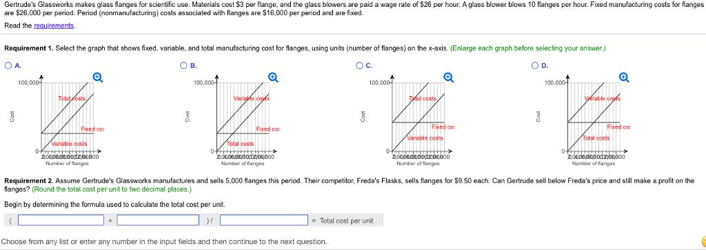 Gertrudes Glassworks makes glass flanges for scientific use. Materials cost $3 per flange, and the glass blowers are paid a wage rate of S26 per hour. A glass blower blows 10 flanges per hour. Fixed manufacturing costs for flanges are $26,000 per period. Period (nonmanufacturing) costs associated with flanges are $16,000 per period and are fixed. Read the requirements Requirement 1. Select the graph that shows fixed, variable, and total manufacturing cost for flanges, using units (number of flanges) on the x-axis. (Enlarge each graph before selecting your answer.) ? A. B. C. 100 100 sts ble d Fixed co: Fixed co 2,04060000004000 Number of flanges Number of anges Number of anges Number of flanges Requirement 2. Assume Gertrudes Glassworks manufactures and sells 5,000 flanges this period. Their competitor, Fredas Flasks, sells flanges for $9.50 each. Can Gertrude sell below Fredas price and still make a profit on the flanges? (Round the total cost per unit to two decimal places.) Begin by determining the formula used to calculate the total cost per unit. )r Total cost per unit Choose from any list or enter any number in the input fields and then continue to the next question.