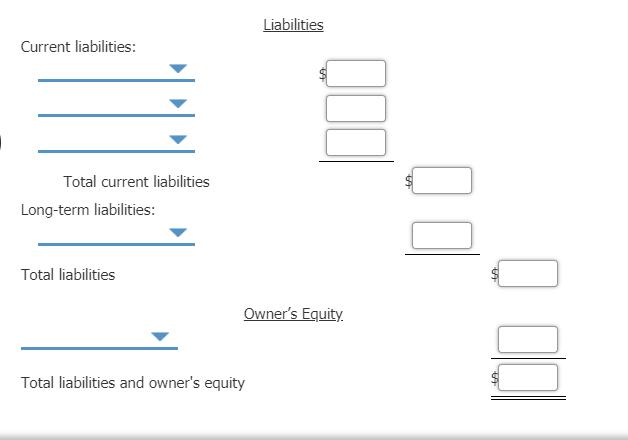 Liabilities Current liabilities: Total current liabilities Long-term liabilities: Total liabilities Owners Equity. Total lia