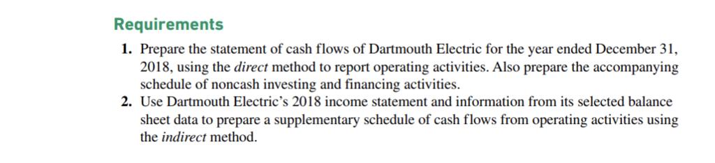 Requirements 1. Prepare the statement of cash flows of Dartmouth Electric for the year ended December 3 2018, using the direct method to report operating activities. Also prepare the accompanying schedule of noncash investing and financing activities 2. Use Dartmouth Electrics 2018 income statement and information from its selected balance sheet data to prepare a supplementary schedule of cash flows from operating activities using the indirect method.