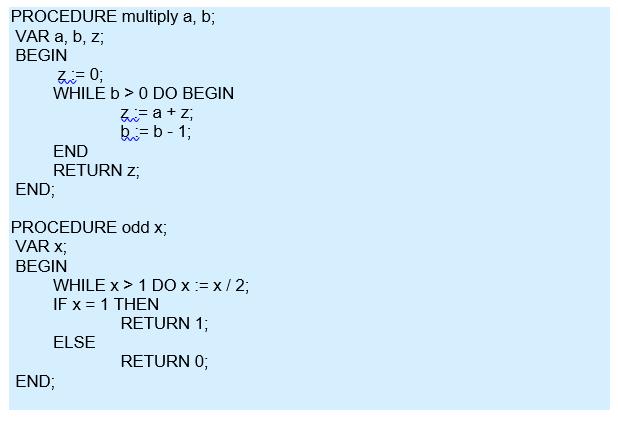 PROCEDURE multiply a, b VAR a, b,z; BEGIN ZA= 0; WHILE b > 0 DO BEGIN ZA = a + z; END RETURN z; END PROCEDURE odd x, VAR X BEGIN WHILE x > 1 DOx:-x/2; F x- 1 THEN RETURN 1 ELSE RETURN ; END