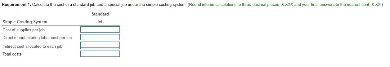 Requirement 1. Calculate the cost of a standard job and a special job under the simple costing system. (Round interim calcula