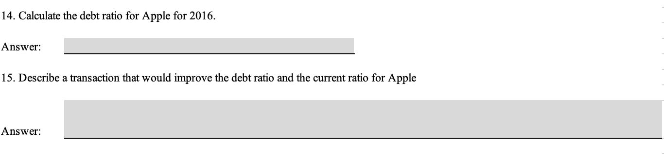 14. Calculate the debt ratio for Apple for 2016.Answer:15. Describe a transaction that would improve the debt ratio and the