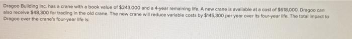 Dragoo Building Inc. has a crane with a book value of $243,000 and a 4-year remaining life. A new crane is available at a cos