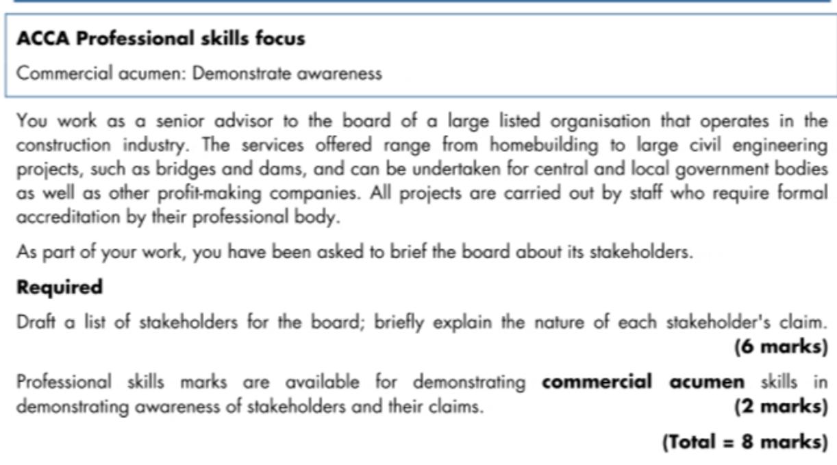 ACCA Professional skills focusCommercial acumen: Demonstrate awarenessYou work as a senior advisor to the board of a large