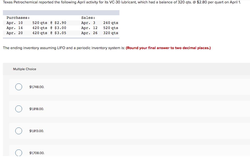 Texas Petrochemical reported the following April activity for its VC-30 lubricant, which had a balance of 320 qts. @ $2.80 pe