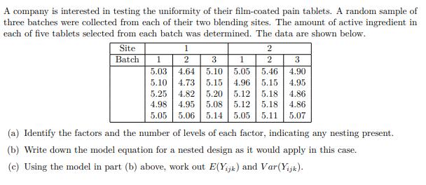1 23 A company is interested in testing the uniformity of their film-coated pain tablets. A random sample of three batches w
