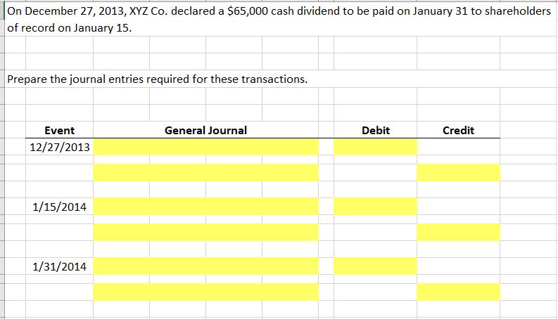 On December 27, 2013, XYZ Co. declared a $65,000 cash dividend to be paid on January 31 to shareholders of record on January 15. Prepare the journal entries required for these transactions Event General Journal Debit Credit 12/27/2013 1/15/2014 1/31/2014